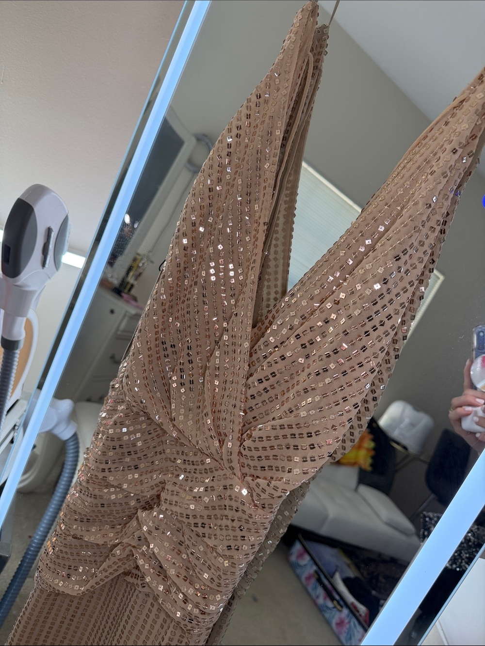 Zara Sequin Ruched V-Neck Maxi Dress in Champagne Size XS - Picture 6 of 11